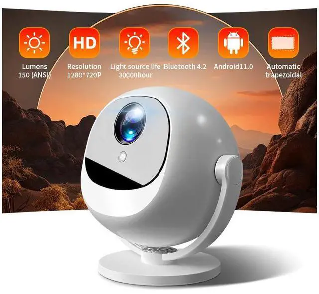Alt view image 2 of 5 - 360° Rotating Portable Smart Projector 720P, 150 ANSI, Android 11, Wireless Mirroring, Auto Keystone, Home Theater