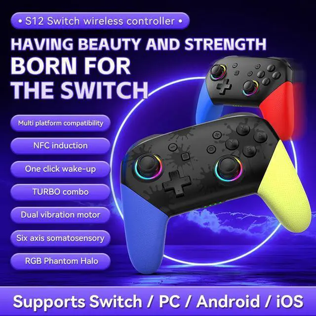 Alt view image 4 of 4 - S12 RGB Wireless Switch Controller Bluetooth, 6-Axis Gyro, Turbo, Dual Vibration, 600mAh, for Switch/PC/iOS/Android