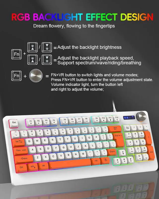 Alt view image 4 of 5 - K93 Wired Gaming Keyboard 93-Key Compact Layout, PBT Ball Keycaps, Rainbow RGB Backlit, Type-C USB, Multi-Function Fn Keys, Ergonomic 390mm Design for PC/Mac/Laptop Gaming & Office