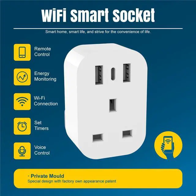 Alt view image 5 of 5 - UK 13A Smart WiFi Socket with USB Fast Charging Remote Control Timer Switch, Compatible with Alexa & Google Home, 2.4GHz App Controlled, 3120W Max, CE/RoHS/LVD/RED/EMC Certified for Home Appliances