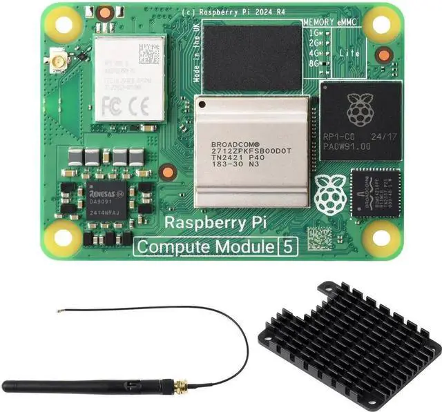 Main image of CM5 Pi Compute Module 5, Comes with an Official Raspberry Pi CM5108000 (with Wireless, 8GB RAM, 0GB (Lite) eMMC Flash), an Antenna Kit and a HEATSINK (3 Items)