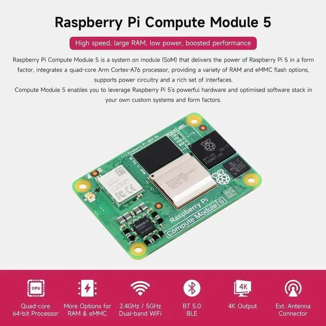 Alt view image 4 of 7 - CM5 Pi Compute Module 5, Comes with an Official Raspberry Pi CM5108000 (with Wireless, 8GB RAM, 0GB (Lite) eMMC Flash), an Antenna Kit and a HEATSINK (3 Items)