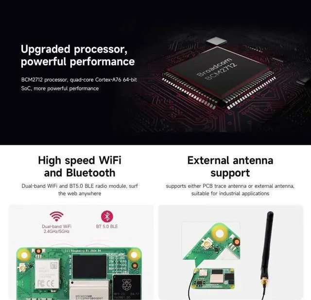 Alt view image 6 of 7 - CM5 Pi Compute Module 5, Comes with an Official Raspberry Pi CM5108000 (with Wireless, 8GB RAM, 0GB (Lite) eMMC Flash), an Antenna Kit and a HEATSINK (3 Items)