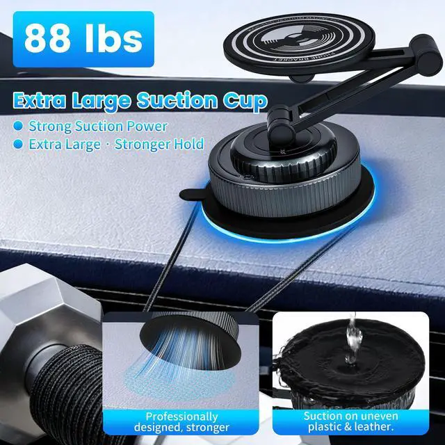 Alt view image 2 of 5 - Aluminum Alloy Long Arm Magnetic Car Phone Holder, Dashboard Suction Cup Mount with 360° Rotation Extra Large Strong Suction, Foldable & Retractable for Truck, SUV, RV