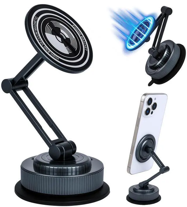 Main image of Aluminum Alloy Long Arm Magnetic Car Phone Holder, Dashboard Suction Cup Mount with 360° Rotation Extra Large Strong Suction, Foldable & Retractable for Truck, SUV, RV