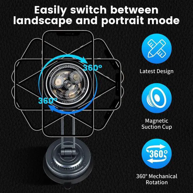 Alt view image 4 of 5 - Aluminum Alloy Long Arm Magnetic Car Phone Holder, Dashboard Suction Cup Mount with 360° Rotation Extra Large Strong Suction, Foldable & Retractable for Truck, SUV, RV
