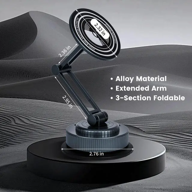 Alt view image 5 of 5 - Aluminum Alloy Long Arm Magnetic Car Phone Holder, Dashboard Suction Cup Mount with 360° Rotation Extra Large Strong Suction, Foldable & Retractable for Truck, SUV, RV