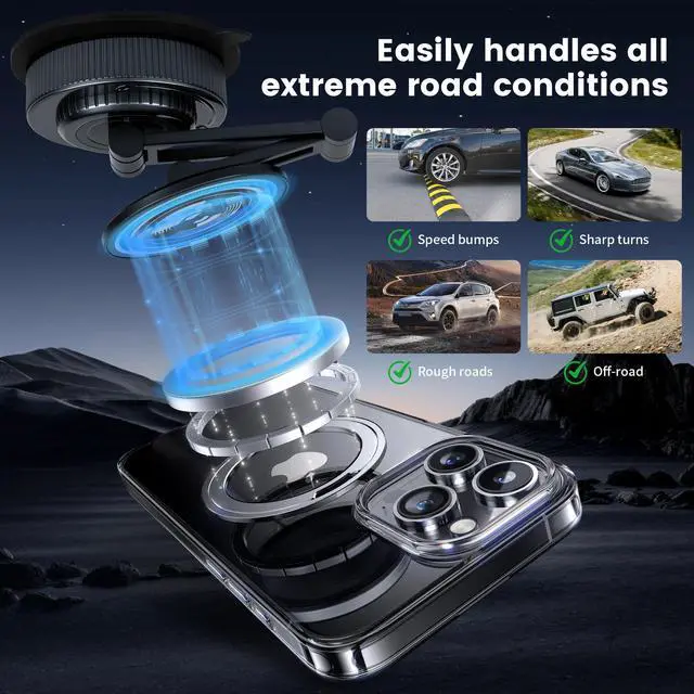 Alt view image 3 of 5 - Aluminum Alloy Long Arm Magnetic Car Phone Holder, Dashboard Suction Cup Mount with 360° Rotation Extra Large Strong Suction, Foldable & Retractable for Truck, SUV, RV
