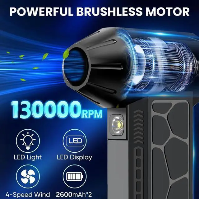 Alt view image 3 of 5 - High-Speed Turbo Jet Fan, 130000 RPM Brushless Motor 3000mAh Battery, 3 Speeds, LED Lighting Cordless Handheld Blower for Camping, Outdoor, Workshop, Dusting