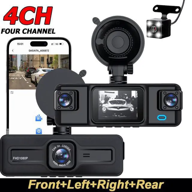 Alt view image 4 of 7 - A98 Plus 4-Channel Dash Cam, Front+Interior+Left+Right Quad Recording 1080p HD, WiFi APP Control, 4-Lens Full Coverage, Night Vision, Loop Recording, G-Sensor For Taxi, Rideshare, RV