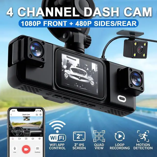 Alt view image 5 of 7 - A98 Plus 4-Channel Dash Cam, Front+Interior+Left+Right Quad Recording 1080p HD, WiFi APP Control, 4-Lens Full Coverage, Night Vision, Loop Recording, G-Sensor For Taxi, Rideshare, RV