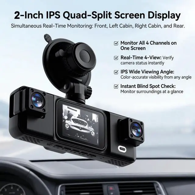 Alt view image 3 of 7 - A98 Plus 4-Channel Dash Cam, Front+Interior+Left+Right Quad Recording 1080p HD, WiFi APP Control, 4-Lens Full Coverage, Night Vision, Loop Recording, G-Sensor For Taxi, Rideshare, RV