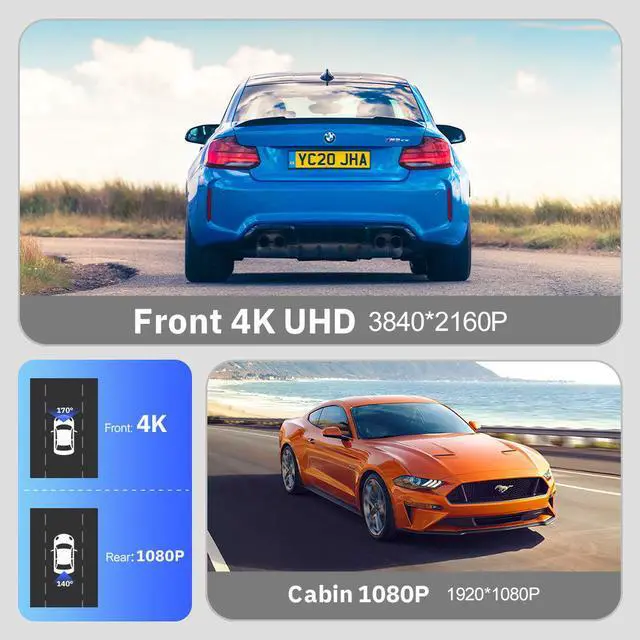 Alt view image 3 of 5 - V33 4K Dual Channel Dash Cam, Front+Rear Recording with GPS Trajectory 2160p Ultra HD, 170° Wide Angle, F2.0 Aperture Night Vision, 2.0" Screen, Built-in WiFi, Time-Lapse Parking