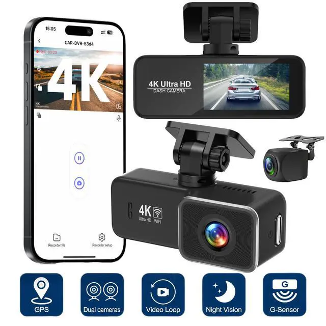 Alt view image 2 of 5 - V33 4K Dual Channel Dash Cam, Front+Rear Recording with GPS Trajectory 2160p Ultra HD, 170° Wide Angle, F2.0 Aperture Night Vision, 2.0" Screen, Built-in WiFi, Time-Lapse Parking