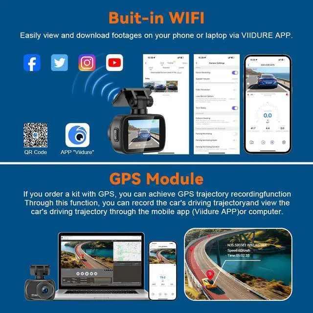 Alt view image 3 of 5 - V51 4K Dual Channel Dash Cam, Front+Rear Dual 4K Recording with GPS Trajectory 3840×2160 @25fps, 2.0" IPS Display, Built-in 2.4G WiFi, APP Control, G-Sensor, Time-Lapse Parking