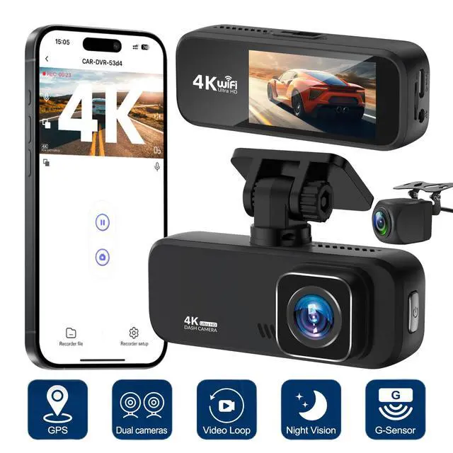 Alt view image 3 of 5 - V30 4K Dual Channel Dash Cam, Front+Rear Recording with GPS Trajectory 2160p Ultra HD, 170° Wide Angle, F2.0 Aperture Night Vision, 2.0" Screen, Built-in WiFi, Time-Lapse Parking