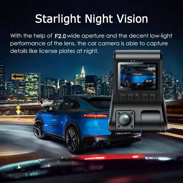Alt view image 3 of 5 - A600 3-Channel Dash Cam, Front+Interior+Rear Triple Recording 1080p FHD @30fps, 2.0" Screen, Starlight Night Vision, F2.0 Aperture, 150° Wide Angle, Loop Recording