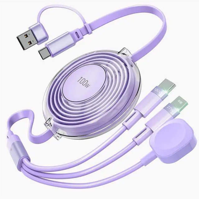 Main image of 5-in-1 100W Retractable Fast Charging Cable, 1.2m Multi-USB Charging Cord with Magnetic Wireless Charger 2-in-1 Design: Retractable Cable + Apple Watch Magnetic Charger For iPhone, Samsung, Androi