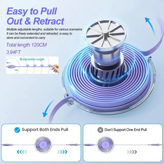 Alt view image 4 of 4 - 5-in-1 100W Retractable Fast Charging Cable, 1.2m Multi-USB Charging Cord with Magnetic Wireless Charger 2-in-1 Design: Retractable Cable + Apple Watch Magnetic Charger For iPhone, Samsung, Androi