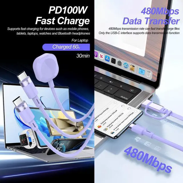 Alt view image 3 of 4 - 5-in-1 100W Retractable Fast Charging Cable, 1.2m Multi-USB Charging Cord with Magnetic Wireless Charger 2-in-1 Design: Retractable Cable + Apple Watch Magnetic Charger For iPhone, Samsung, Androi
