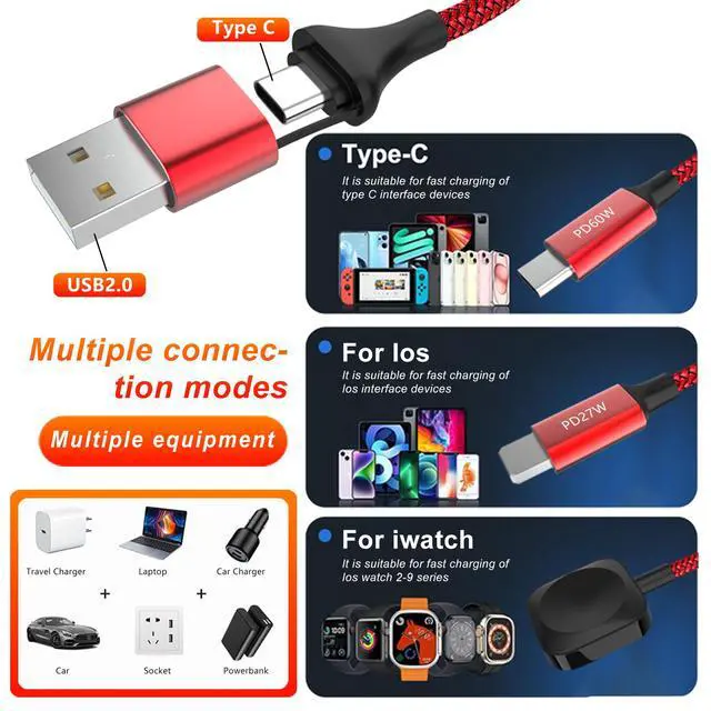 Alt view image 3 of 4 - 2-in-3 Nylon Braided PD Fast Charging Cable, 60W 3A Multi-Device Cord with Magnetic Apple Watch Charger Retractable? Fixed 1.8m Length For iPhone, USB-C, Watch Data Sync 480Mbps