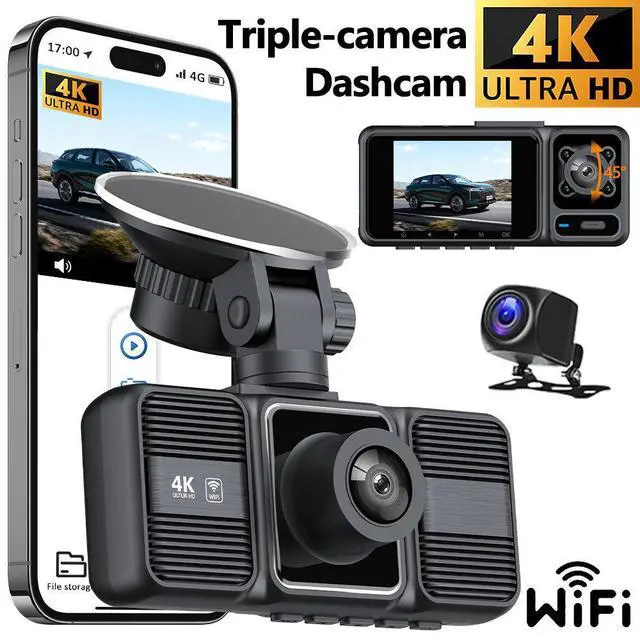 Alt view image 2 of 5 - S26Q 4K 3-Channel Dash Cam, Front+Interior+Rear Triple Recording 4K Ultra HD Front + 720p Interior/Rear, 2.0" IPS Display, Built-in WiFi, G-Sensor, Parking Monitor, Loop Recording, 128GB Support