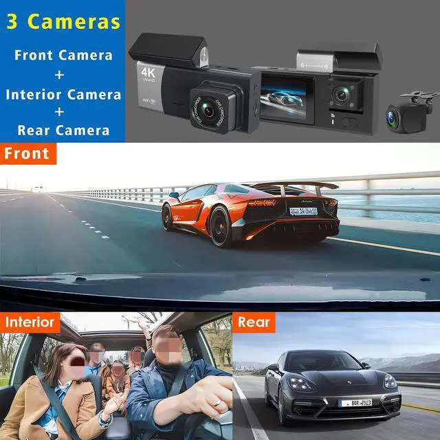 Alt view image 2 of 5 - Y08 4K 3-Channel Dash Cam, Front+Interior+Rear Triple Recording 4K Ultra HD Front + 720p Interior/Rear, 2.0" IPS Display, Built-in WiFi, G-Sensor, Parking Monitor, 128GB Support