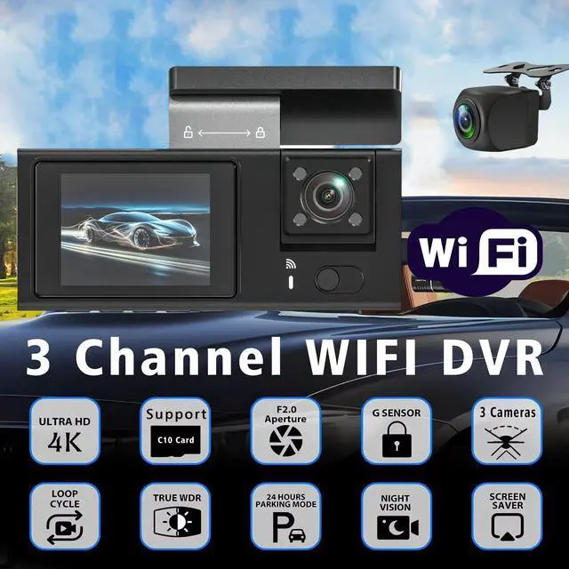 Alt view image 3 of 5 - Y08 4K 3-Channel Dash Cam, Front+Interior+Rear Triple Recording 4K Ultra HD Front + 720p Interior/Rear, 2.0" IPS Display, Built-in WiFi, G-Sensor, Parking Monitor, 128GB Support
