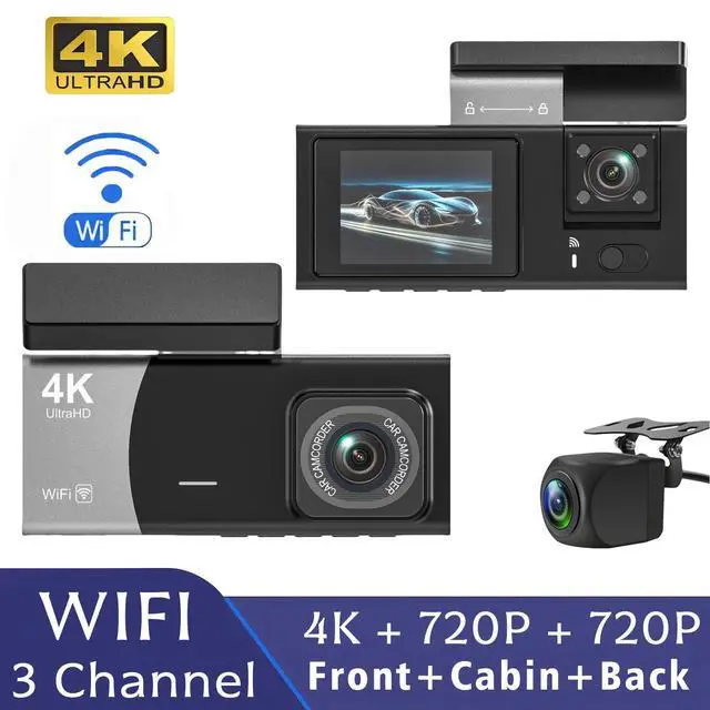 Alt view image 5 of 5 - Y08 4K 3-Channel Dash Cam, Front+Interior+Rear Triple Recording 4K Ultra HD Front + 720p Interior/Rear, 2.0" IPS Display, Built-in WiFi, G-Sensor, Parking Monitor, 128GB Support
