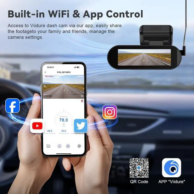 Alt view image 4 of 5 - V38 4K Dual Channel Dash Cam, Front+Rear Recording with Built-in GPS 4K+4K Ultra HD, 3.19" IPS Display, 830D 8MP Processor, Built-in WiFi APP Control, Time-Lapse Parking, G-Sensor