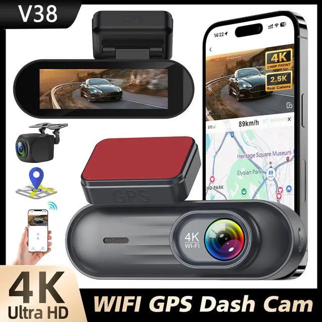 Alt view image 3 of 5 - V38 4K Dual Channel Dash Cam, Front+Rear Recording with Built-in GPS 4K+4K Ultra HD, 3.19" IPS Display, 830D 8MP Processor, Built-in WiFi APP Control, Time-Lapse Parking, G-Sensor