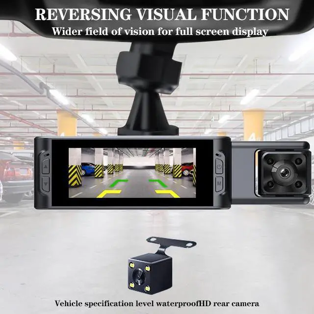 Alt view image 3 of 4 - S18 3-Channel Dash Cam, Front+Interior+Rear Triple Recording 1080p Front + 480p Interior/Rear, 3.16" IPS Display, 170° Wide Angle, Built-in WiFi APP Control, Motion Detection, Loop Recording