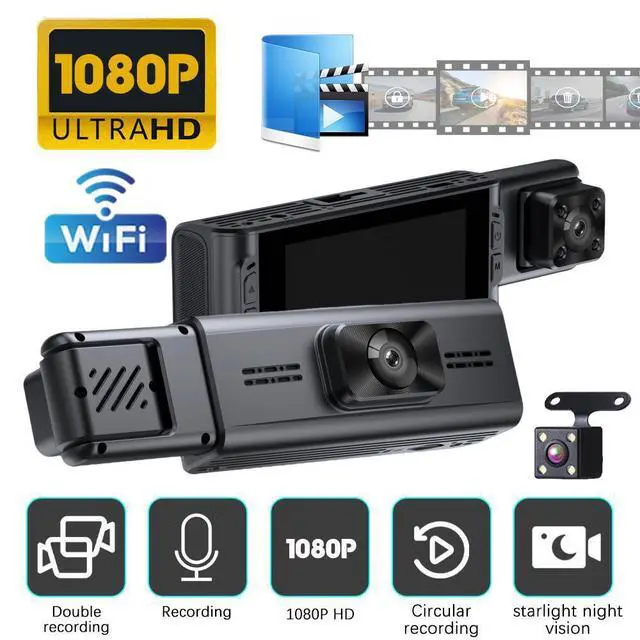 Alt view image 2 of 4 - S18 3-Channel Dash Cam, Front+Interior+Rear Triple Recording 1080p Front + 480p Interior/Rear, 3.16" IPS Display, 170° Wide Angle, Built-in WiFi APP Control, Motion Detection, Loop Recording