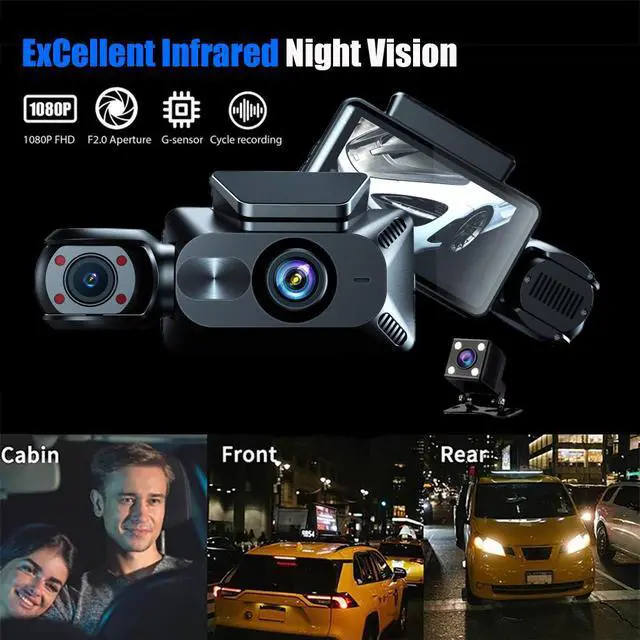 Alt view image 3 of 5 - 3-Channel Dash Cam, Front+Interior+Rear Triple Recording 1080p HD, 3.0" IPS Display, Built-in WiFi APP Control, 140° Wide Angle, F2.6 Aperture, Loop Recording 64GB Card Included