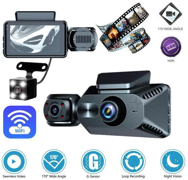 Main image of 3-Channel Dash Cam, Front+Interior+Rear Triple Recording 1080p HD, 3.0" IPS Display, Built-in WiFi APP Control, 140° Wide Angle, F2.6 Aperture, Loop Recording 64GB Card Included