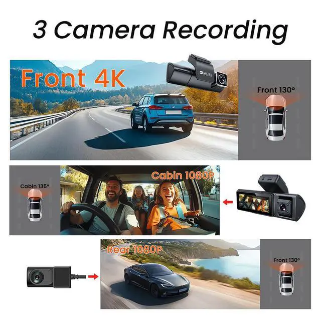 Alt view image 2 of 5 - F9 4K 3-Channel Dash Cam, Front+Interior+Rear Triple Recording 4K Ultra HD Front + 1080p Interior + 1080p Rear, 6MP Sensor, 3.0" IPS Display, Built-in GPS Trajectory, WiFi APP Control, 256GB Card In