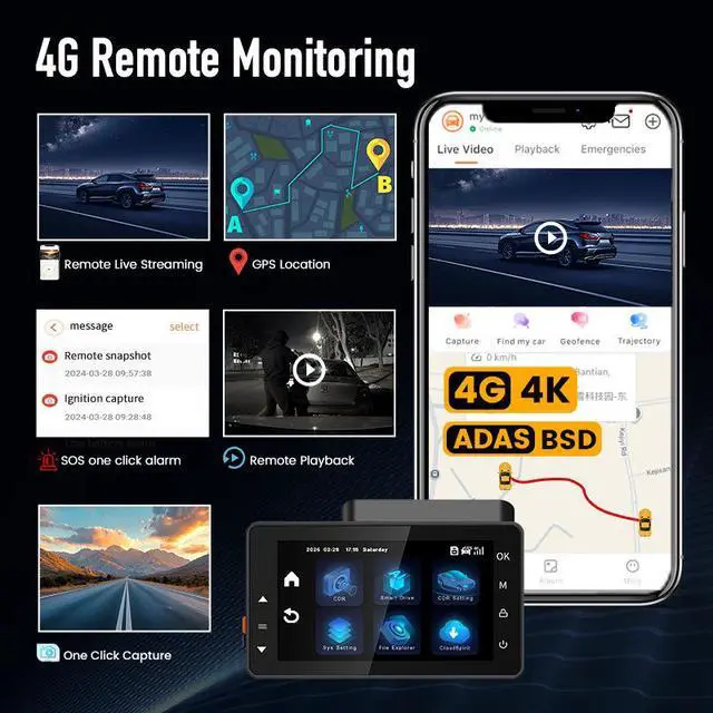 Alt view image 5 of 5 - 4G 3-Channel Dash Cam, 4K Ultra HD Front + 1080p Interior + 1080p Rear ADAS Warning, GPS Fleet Tracking, Remote Live View, CMSV6 Platform 128GB Card Included for Rideshare, Taxi, Fleet