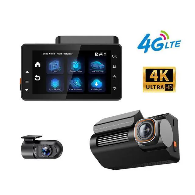 Alt view image 3 of 5 - 4G 3-Channel Dash Cam, 4K Ultra HD Front + 1080p Interior + 1080p Rear ADAS Warning, GPS Fleet Tracking, Remote Live View, CMSV6 Platform 128GB Card Included for Rideshare, Taxi, Fleet