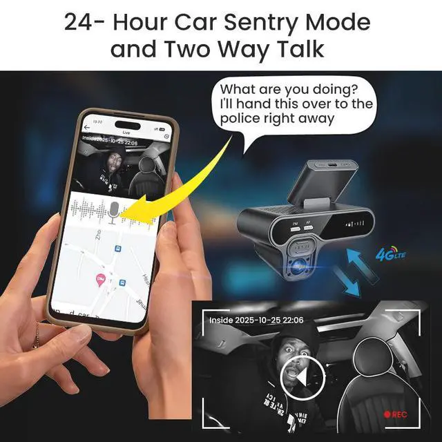Alt view image 4 of 5 - 4G Dual Channel Dash Cam, Front+Rear Recording 1080p HD, Real-Time Remote Live View, GPS Vehicle Tracking, Parking Monitor 64GB Card Included for Rideshare, Taxi, Fleet