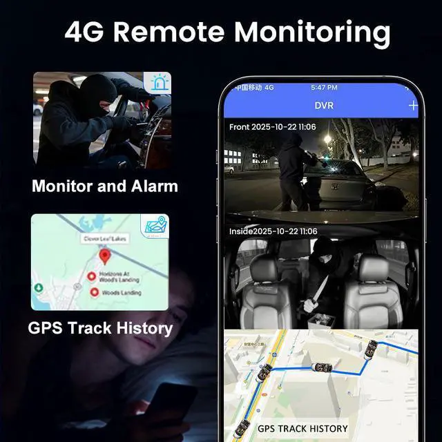 Alt view image 3 of 5 - 4G Dual Channel Dash Cam, Front+Rear Recording 1080p HD, Real-Time Remote Live View, GPS Vehicle Tracking, Parking Monitor 64GB Card Included for Rideshare, Taxi, Fleet