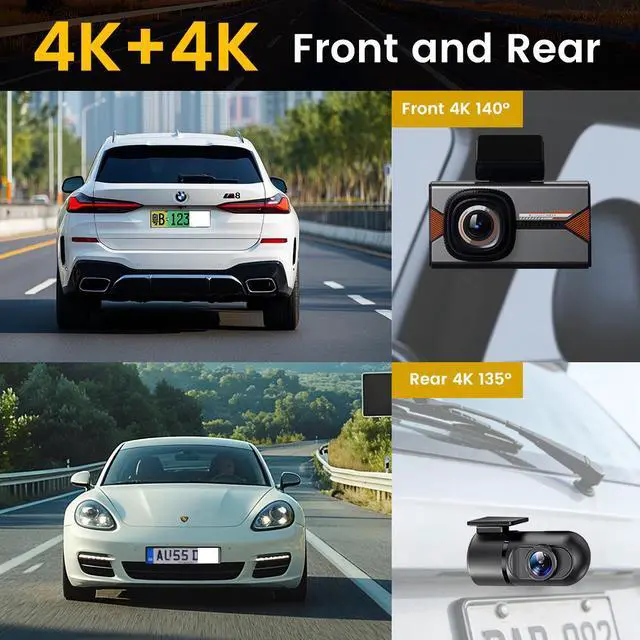 Alt view image 4 of 5 - 4K+4K Dual Channel Dash Cam, Front+Rear Dual 4K Recording 2160p Ultra HD, GPS Trajectory, WiFi APP Control, 3.0" IPS Display, G-Sensor, Loop Recording 64GB Card Included