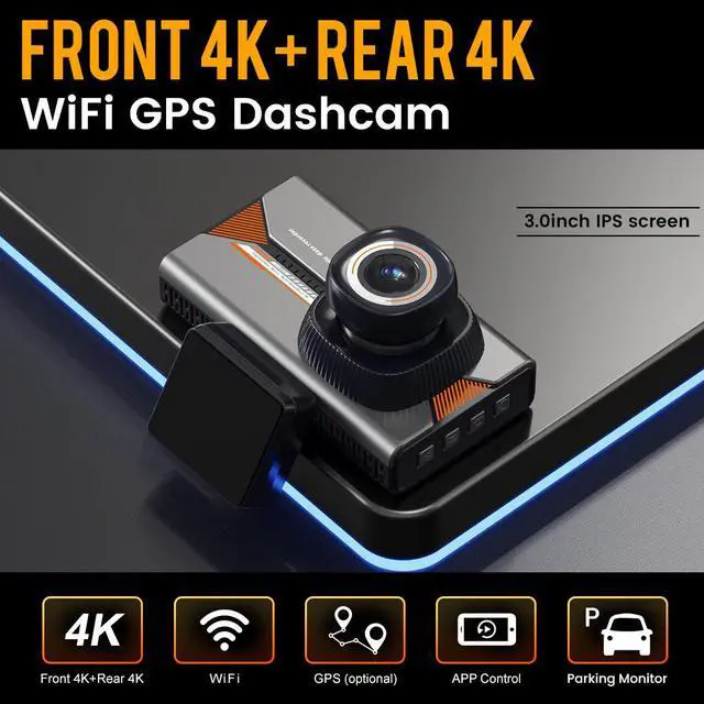 Alt view image 3 of 5 - 4K+4K Dual Channel Dash Cam, Front+Rear Dual 4K Recording 2160p Ultra HD, GPS Trajectory, WiFi APP Control, 3.0" IPS Display, G-Sensor, Loop Recording 64GB Card Included