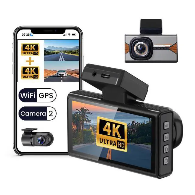 Alt view image 2 of 5 - 4K+4K Dual Channel Dash Cam, Front+Rear Dual 4K Recording 2160p Ultra HD, GPS Trajectory, WiFi APP Control, 3.0" IPS Display, G-Sensor, Loop Recording 64GB Card Included