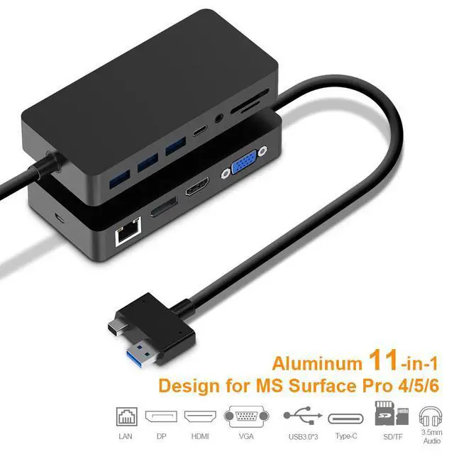 Alt view image 2 of 4 - SH701 Docking Station for Microsoft Surface Pro 4/5/6 and Surface Laptop 1/2, 6-in-1 USB C Hub 4K HDMI+DP, VGA, 3 USB 3.0, Type-C Data, SD/TF Card Reader, Audio Port