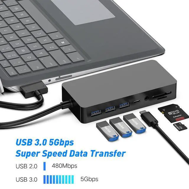 Alt view image 4 of 4 - SH701 Docking Station for Microsoft Surface Pro 4/5/6 and Surface Laptop 1/2, 6-in-1 USB C Hub 4K HDMI+DP, VGA, 3 USB 3.0, Type-C Data, SD/TF Card Reader, Audio Port