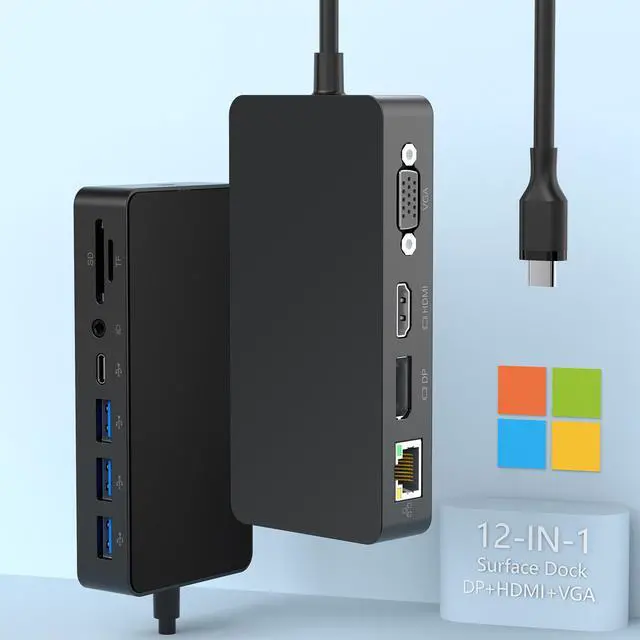 Alt view image 4 of 5 - SH701C 12-in-1 Docking Station for Surface Pro 7/8/9/X/11, Type-C Hub with Gigabit Ethernet, 100W PD, Dual 4K Display (DP+HDMI), VGA, 3xUSB 3.0, SD/TF Card Reader, Audio Port