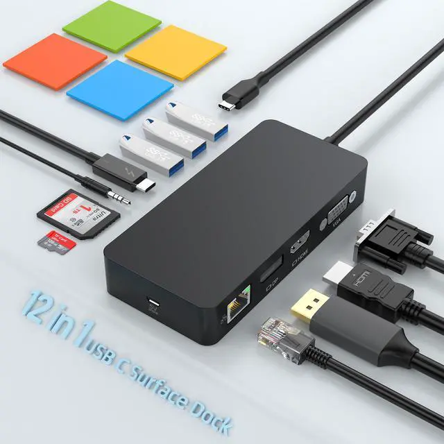 Alt view image 3 of 5 - SH701C 12-in-1 Docking Station for Surface Pro 7/8/9/X/11, Type-C Hub with Gigabit Ethernet, 100W PD, Dual 4K Display (DP+HDMI), VGA, 3xUSB 3.0, SD/TF Card Reader, Audio Port
