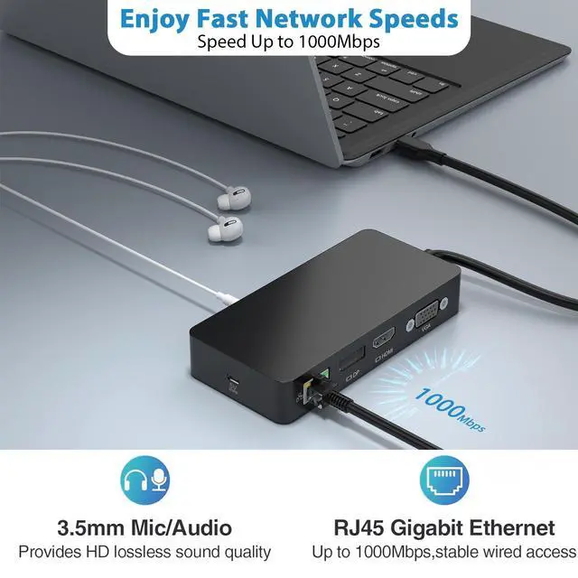 Alt view image 2 of 5 - SH701C 12-in-1 Docking Station for Surface Pro 7/8/9/X/11, Type-C Hub with Gigabit Ethernet, 100W PD, Dual 4K Display (DP+HDMI), VGA, 3xUSB 3.0, SD/TF Card Reader, Audio Port