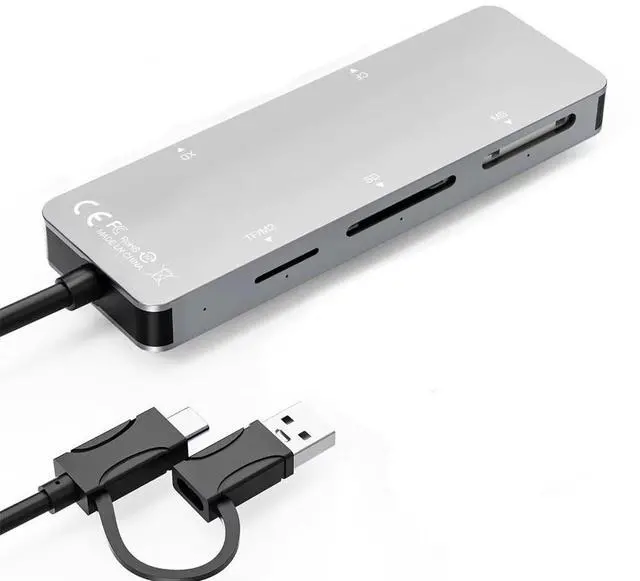 Main image of 6-in-1 Multi-Function Card Reader, USB 3.0 + Type-C Dual Interface Supports CF, XD, MS, SD, M2, TF Cards Simultaneous 5-Slot Reading, Aluminum Alloy For PC, Laptop, Android Phone