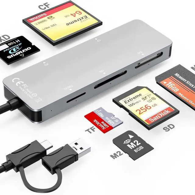 Alt view image 2 of 5 - 6-in-1 Multi-Function Card Reader, USB 3.0 + Type-C Dual Interface Supports CF, XD, MS, SD, M2, TF Cards Simultaneous 5-Slot Reading, Aluminum Alloy For PC, Laptop, Android Phone